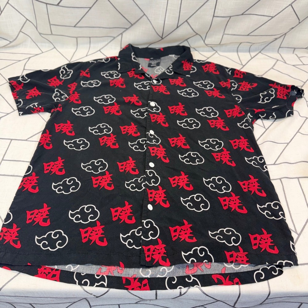 Naruto Button Up Shirt Medium Black Akatsuki Cloud Kanji Rayon Shippuden Viz